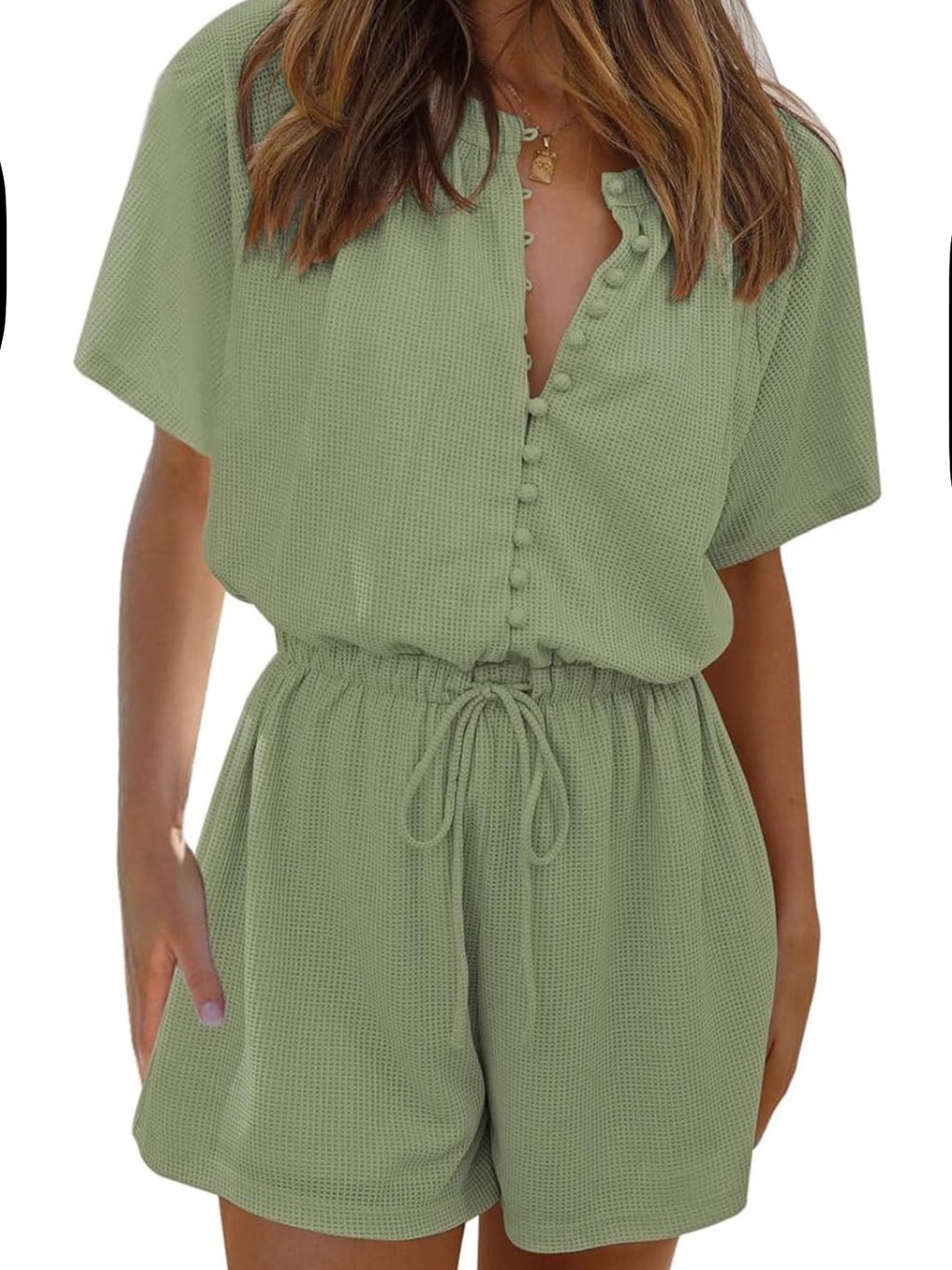 Casual Olive Green Button-Front Romper for Women